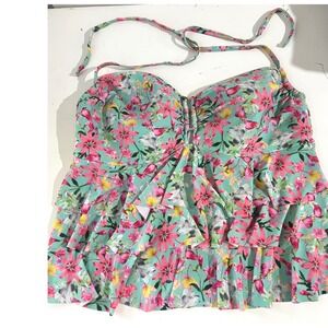 Vacation Swim Tie Floral Tiered Ruffle Tankini Top Pink Womens 3X 22W-24W